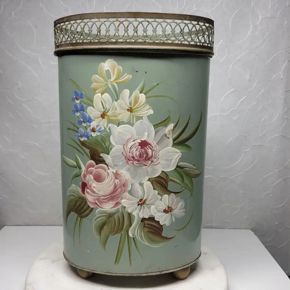 Vintage Plymouth Tole Hand Painted Umbrella Stand Metal Toleware Ball Footed